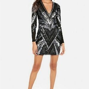 Express Black & Silver Sequin geometric pattern Bodycon Dress